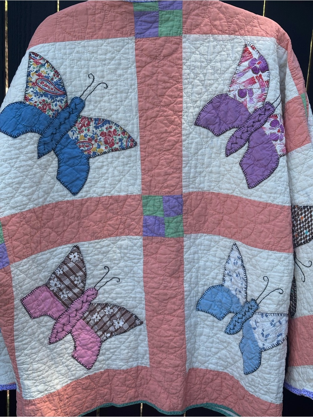 Vintage-Inspired Pink/Orange Butterfly Quilted Jacket - Picture 2 of 6